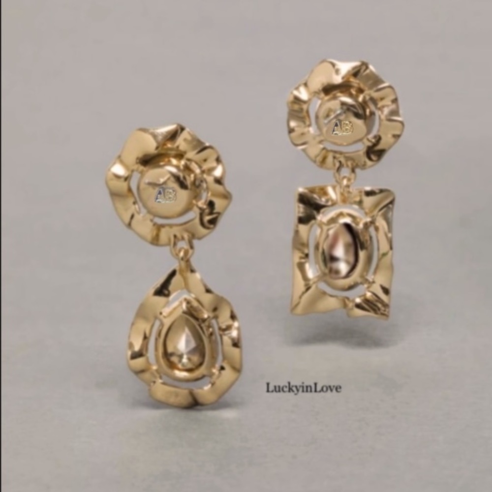 ALEXIS BITTAR• Gold Crystal Rainbow Blue Antiquities Mismatched Ruffled Earrings - Picture 6 of 10
